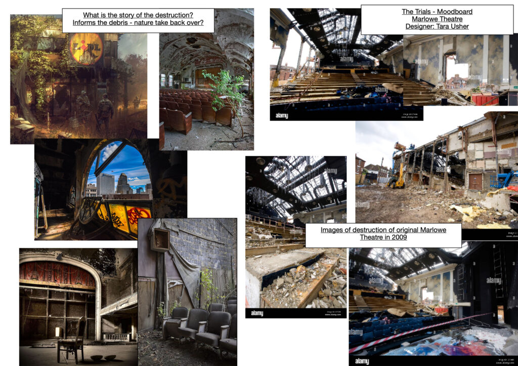 A moodboard of images displaying destruction within buildings and how nature can take over.